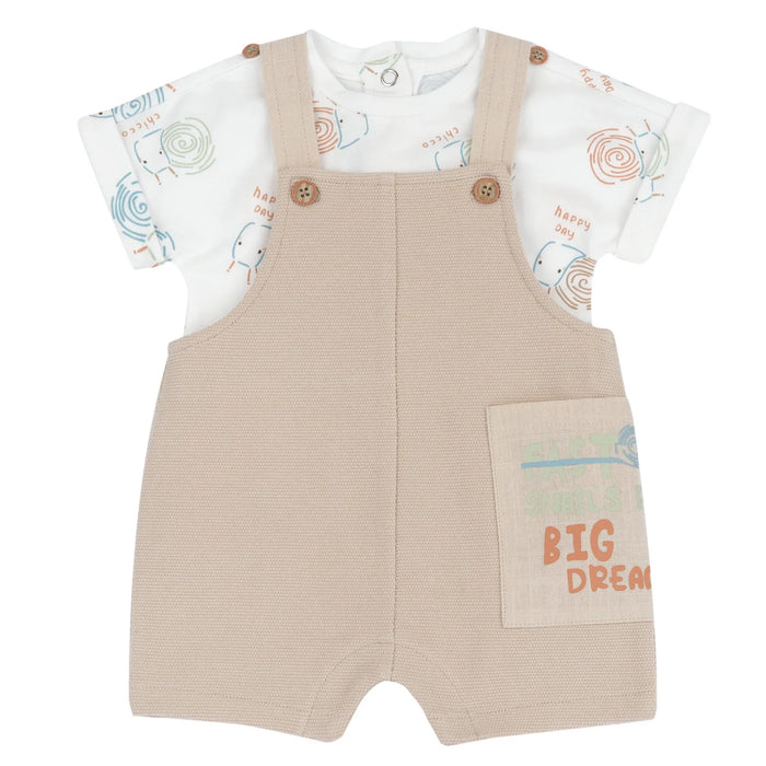 Infants White and Beige Printed Bodysuit with Dungaree