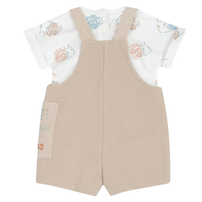 Infants White and Beige Printed Bodysuit with Dungaree