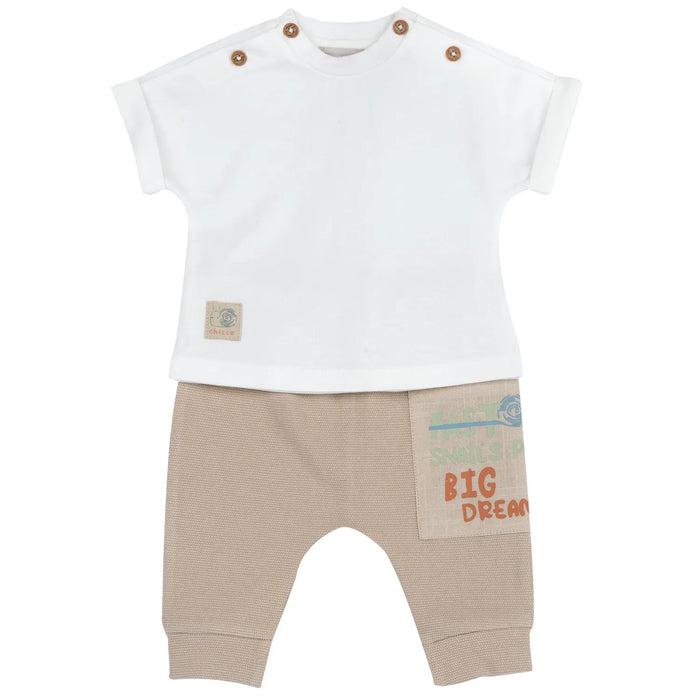 Infants White and Beige Solid T-Shirt with Trouser