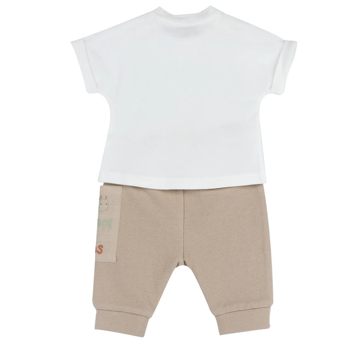 Infants White and Beige Solid T-Shirt with Trouser