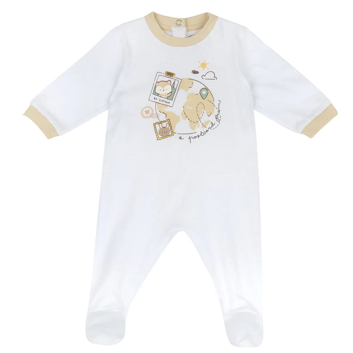Infants White Animal Printed Back Opening Babysuit