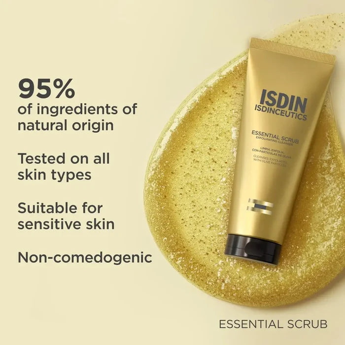 ISDIN Essential Scrub tube on olive leaf-inspired background with ingredient claims