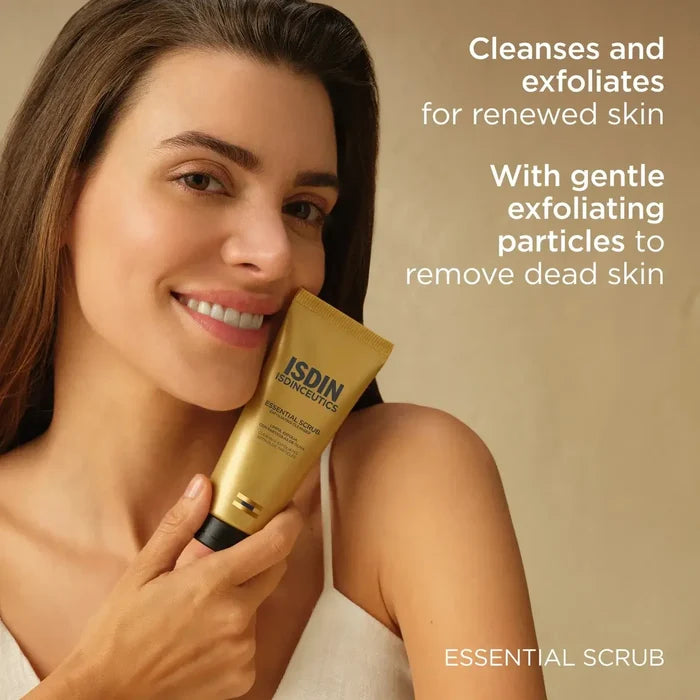 ISDIN Essential Scrub tube with woman promoting gentle exfoliation and smoother skin