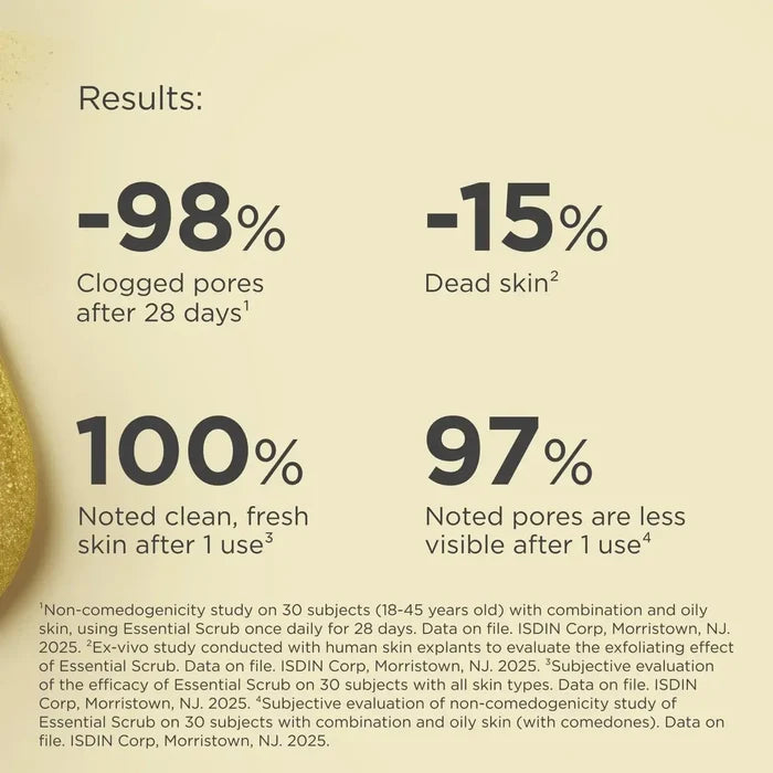 ISDIN Essential Scrub results showing 98% fewer clogged pores and 97% less visible pores