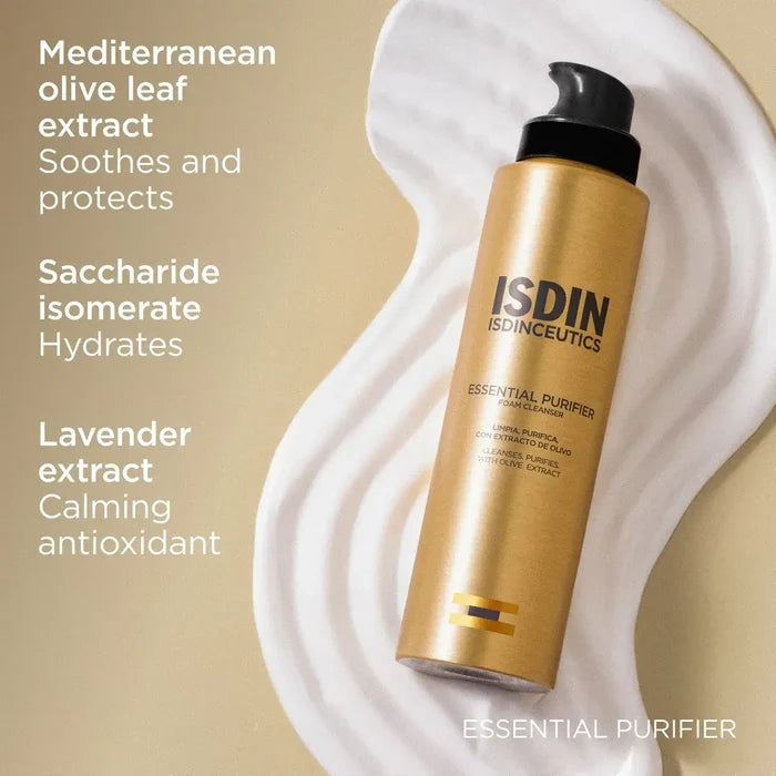 ISDIN Isdinceutics Essential Purifier foam cleanser bottle with olive leaf and lavender extracts
