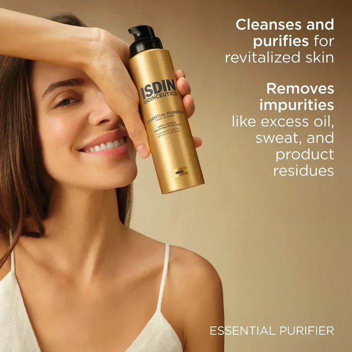 ISDIN Isdinceutics Essential Purifier foam cleanser bottle with model and benefit text