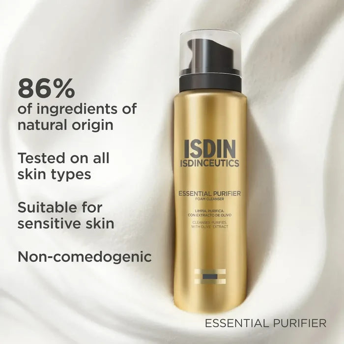 ISDIN Isdinceutics Essential Purifier foam cleanser bottle with 86% natural origin ingredients