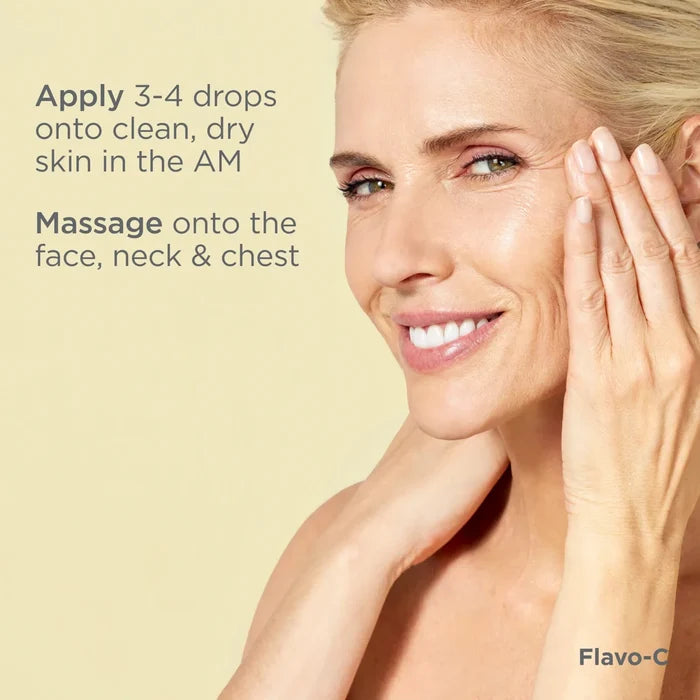 Woman applying Flavo-C serum to face, neck and chest with usage steps