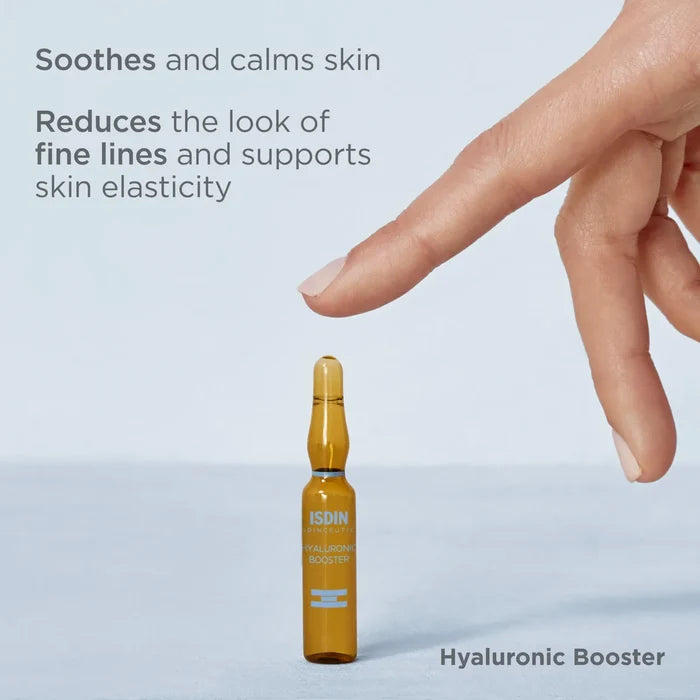 ISDIN Isdinceutics Hyaluronic Booster ampoule with text about soothing skin, fine lines, and elasticity