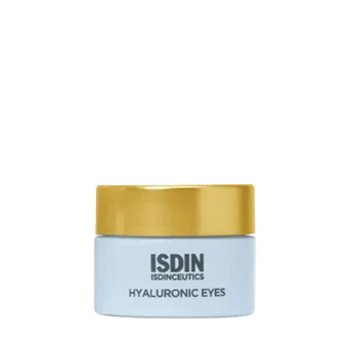 ISDIN Isdinceutics Hyaluronic Eyes eye cream jar with gold lid, blue packaging