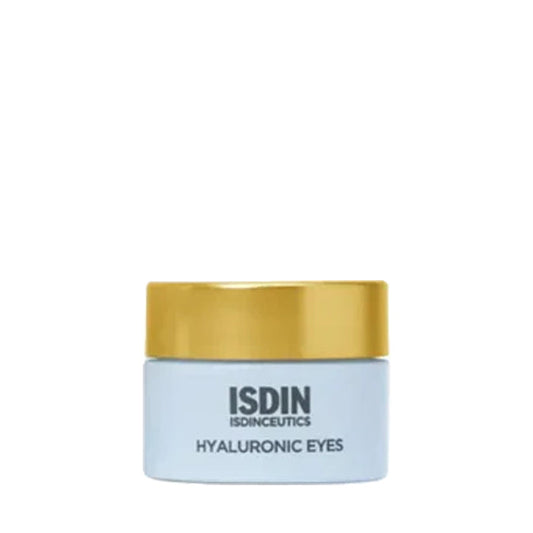 ISDIN Isdinceutics Hyaluronic Eyes eye cream jar with gold lid, blue packaging