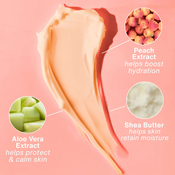 Skincare product with peach extract, aloe vera extract, and shea butter on a pink background