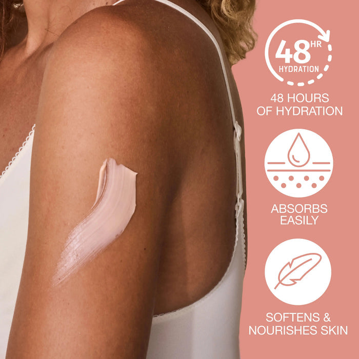 Woman applying lotion to her arm with product features on a pink background