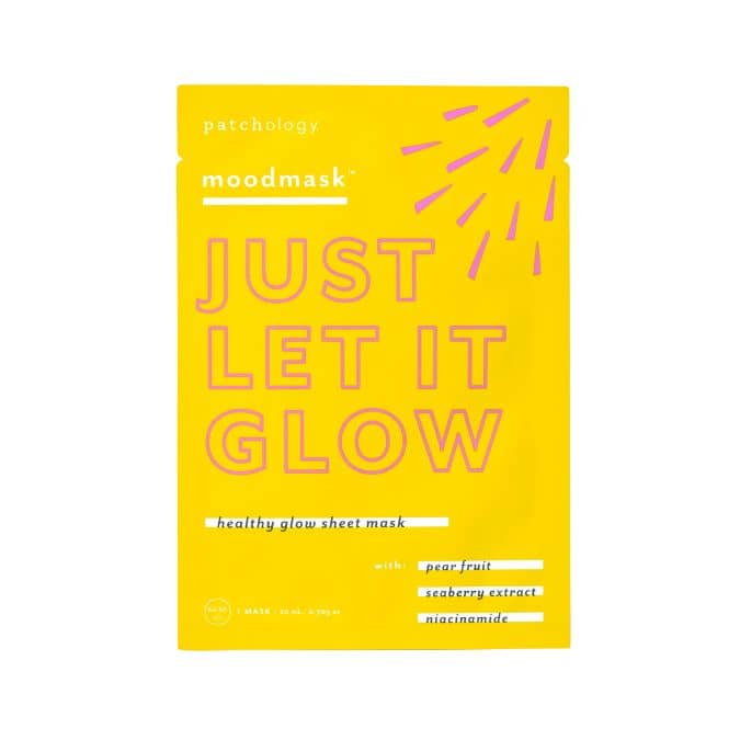Patchology Just Let It Glow sheet mask in bright yellow packaging with pink lettering.
