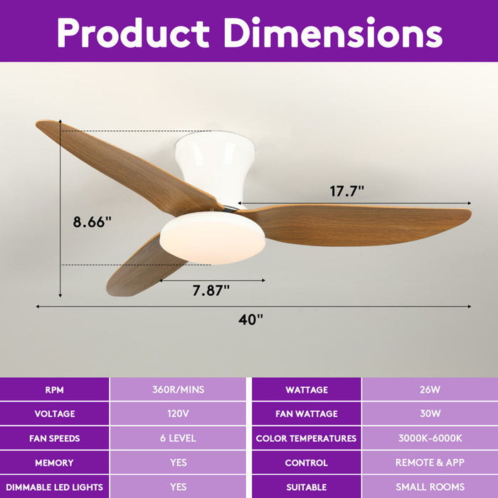 Karlena 40'' Dimmable ABS Blades Ceiling Fan with LED Lights and Remote Control 3 Colours 6-Speed Mute Reversible Motor Timer
