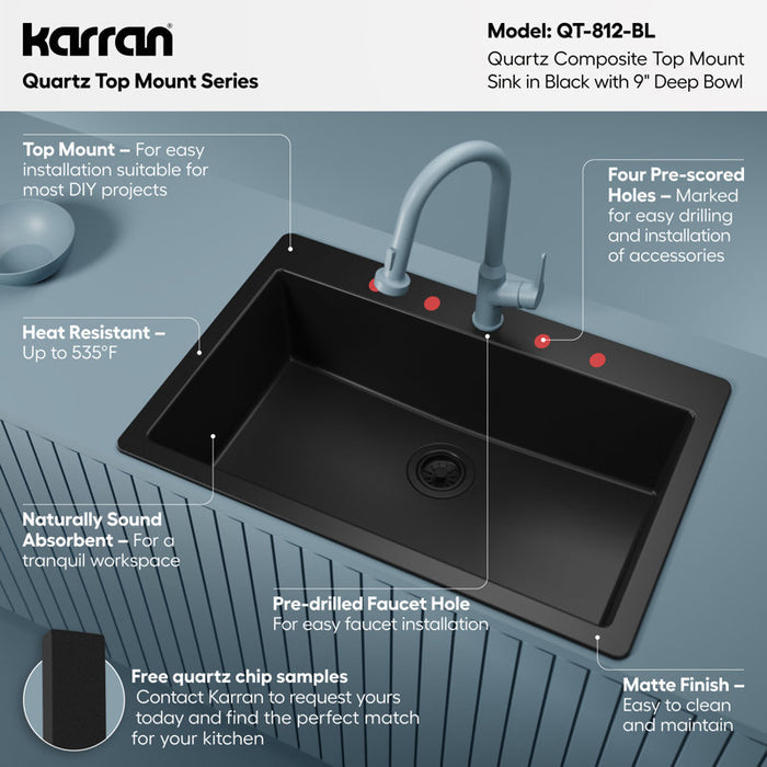 Karran Quartz 33'' X 22'' Large Single Bowl Drop-in Kitchen Sink