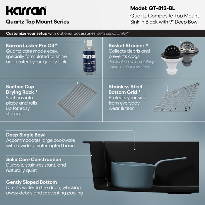 Karran Quartz 33'' X 22'' Large Single Bowl Drop-in Kitchen Sink