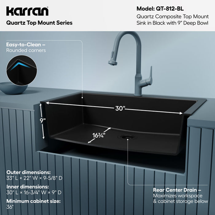 Karran Quartz 33'' X 22'' Large Single Bowl Drop-in Kitchen Sink