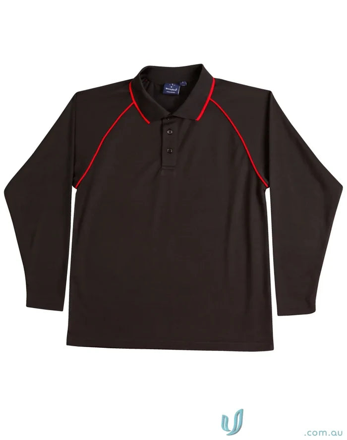 Kids Champion Raglan cooldry long sleeve polo shirt with black and red trim