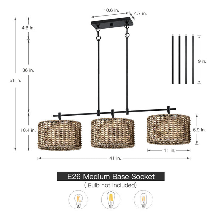 Lannister 3-Light Cylindrical Chandelier for Kitchen Island