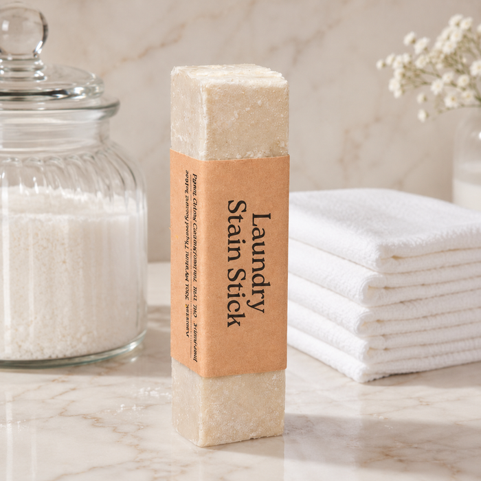 Laundry stain stick with a sticker label on a marble surface with towels and a jar in the background.