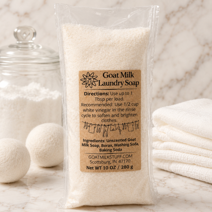 Goat Milk Laundry Soap packaging with a label on a marble background with laundry items.