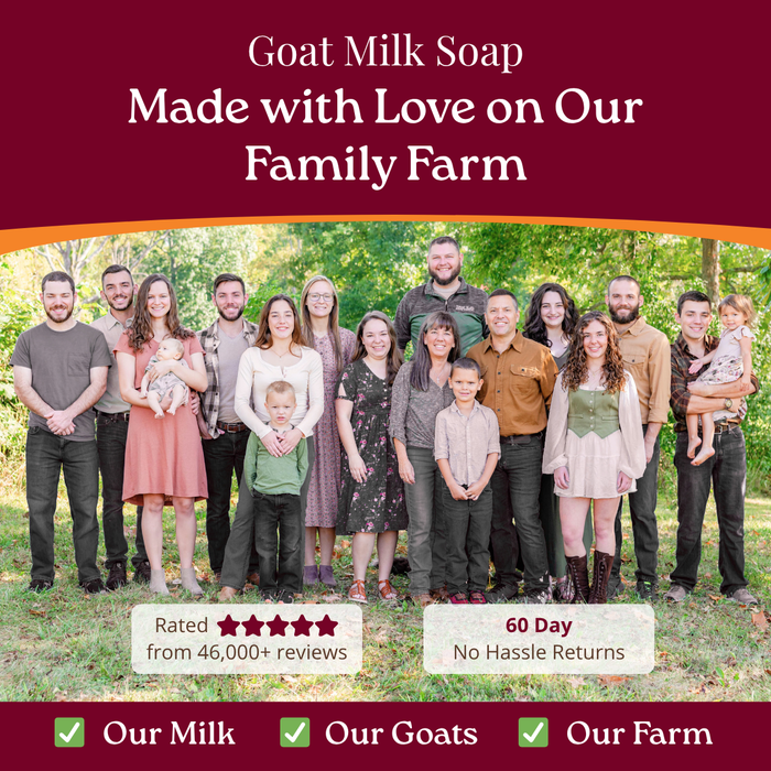 Family photo with text about goat milk soap made on a family farm.