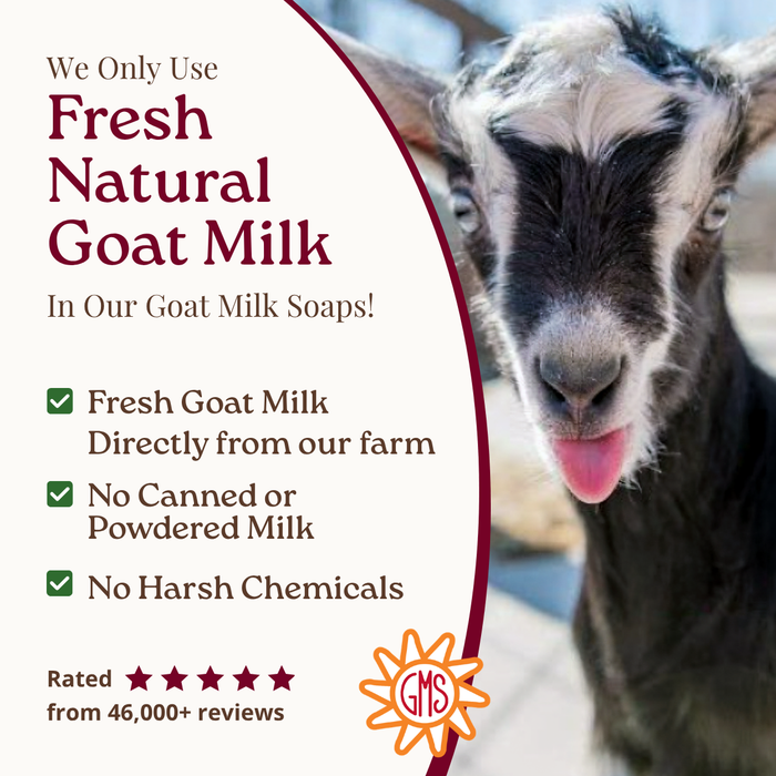 Goat milk soap advertisement with a goat and product details.