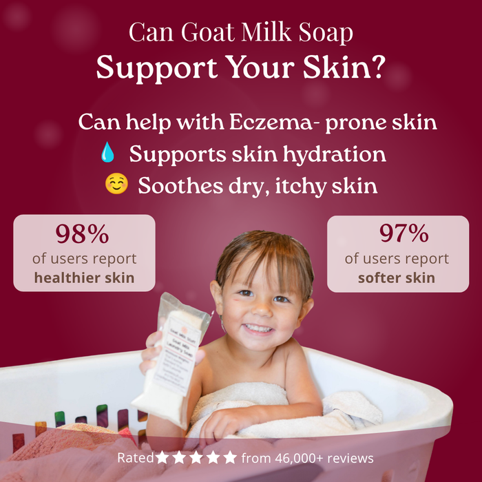 Child in a bathtub holding goat milk soap with text about its benefits for skin on a red background