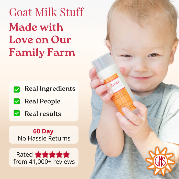 Child holding a bottle with text about goat milk product on a beige background