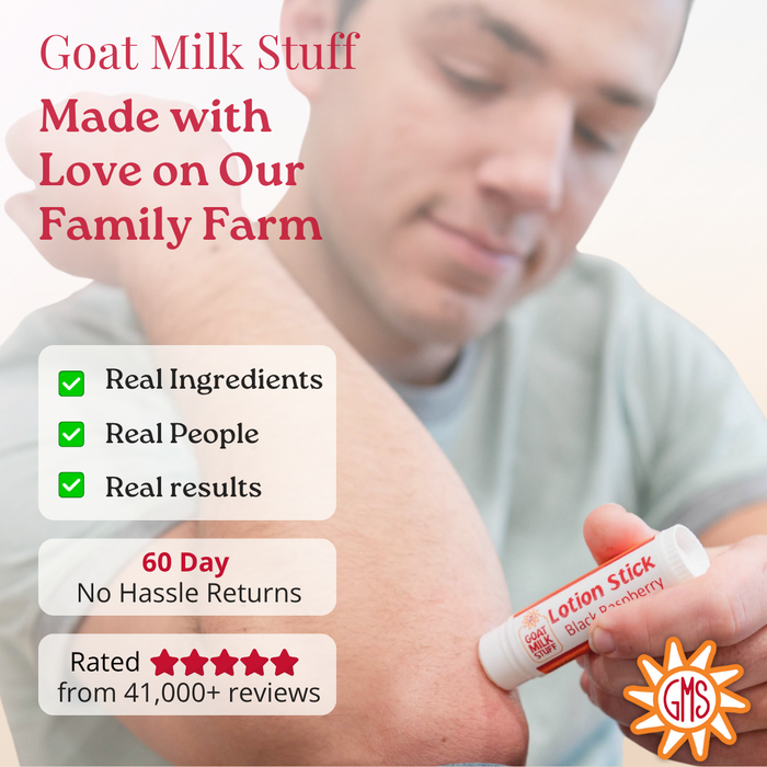 Person applying a lotion stick to their arm with promotional text about goat milk product on a white background
