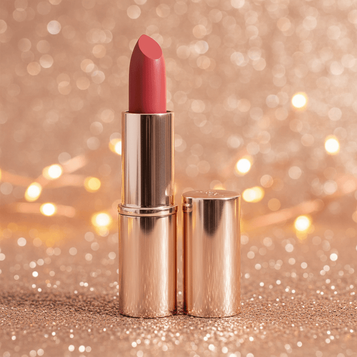 Red lipstick with gold case on a glittery background