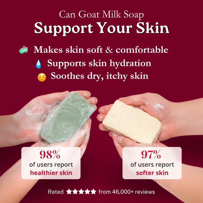 Two hands holding goat milk soap bars with text about skin benefits on a red background