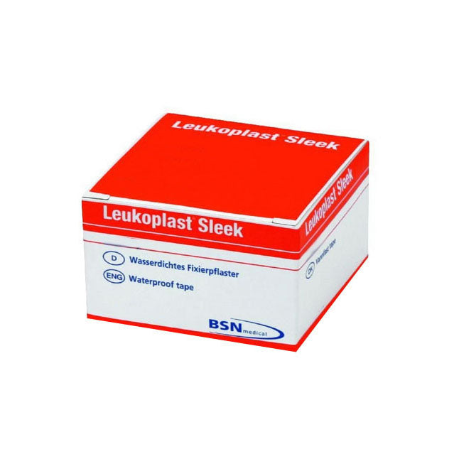 A box of Leukoplast Sleek waterproof tape sits on a white background. The box is red and white, indicating the product name and description in German and English: "Wasserdichtes Fixierpflaster" and "Waterproof tape." BSN medical is also printed on the box.
