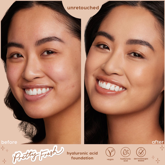 ColourPop Hyaluronic Hydrating Foundation in Light 50 W evening skin tone in an unretouched before-and-after on a smiling model, showing smoother coverage and a fresh, dewy finish; close-up split screen with vegan, hyaluronic acid, dermatologist tested icons.