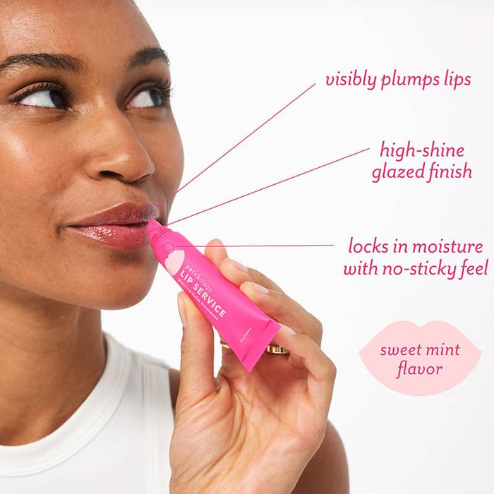 Close-up of a woman applying Patchology Lip Service gloss-to-balm treatment, featuring callouts highlighting benefits like visibly plumped lips, a high-shine glazed finish, locked-in moisture, and sweet mint flavor.