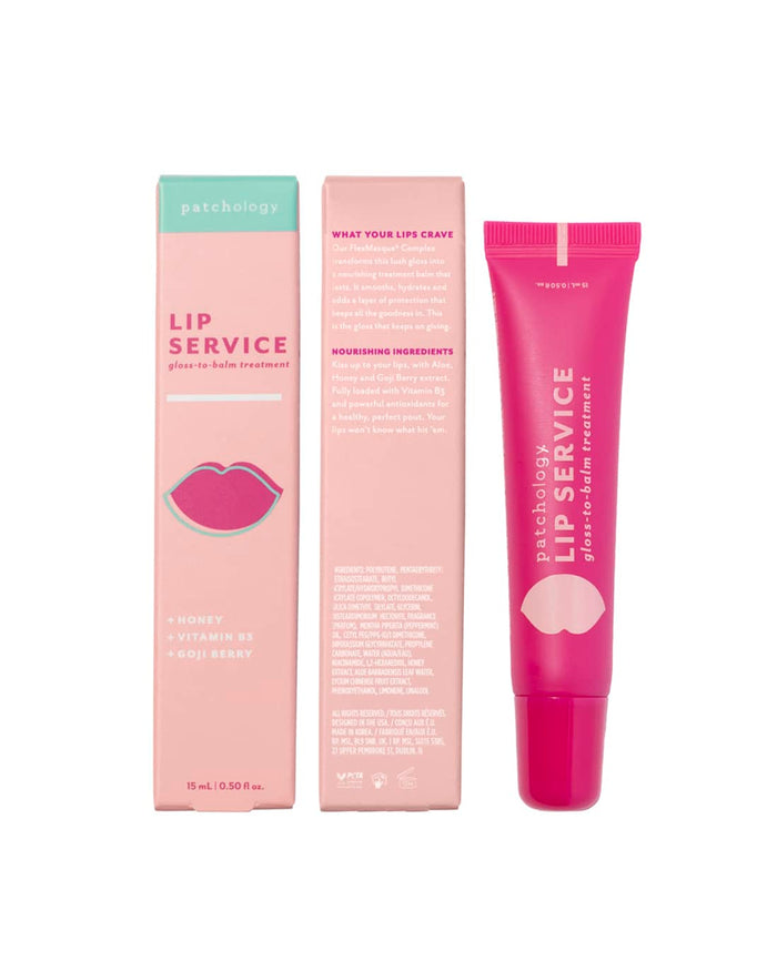 Patchology Lip Service gloss-to-balm treatment with pink tube and matching packaging, featuring honey, vitamin B5, and goji berry ingredients