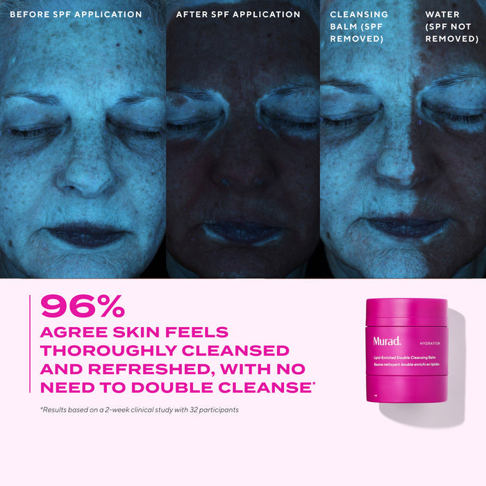 Before and after comparison of a face with skincare product, showing results of Murad cleansing balm and water application.