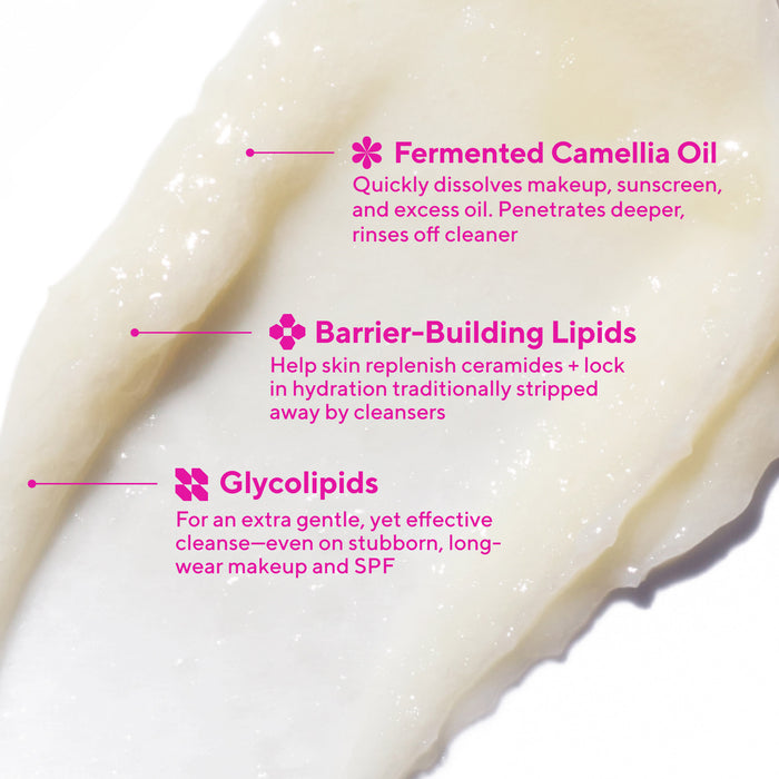 Product description with text about fermented camellia oil, barrier-building lipids, and glycolipids on a white background.