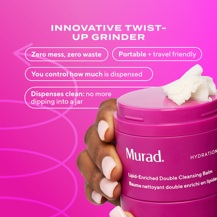 Pink Murad skincare product with text on a pink background