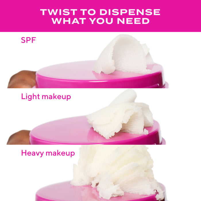 Pink container with different amounts of white cream labeled for SPF, light makeup, and heavy makeup on a white background.