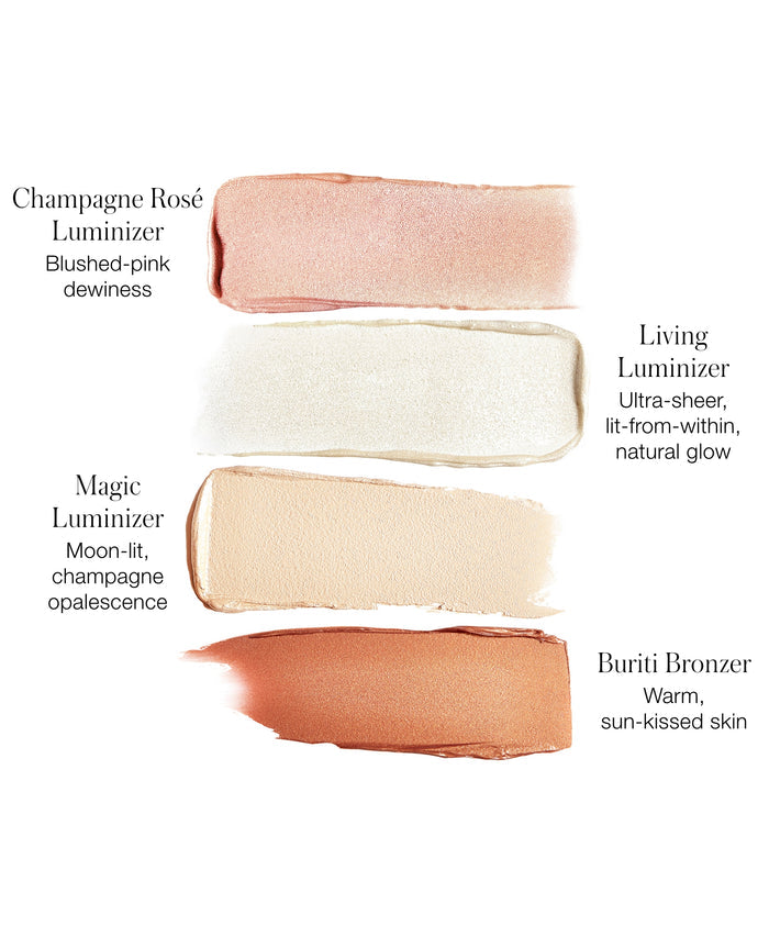 Swatches of Champagne Rose Luminizer, Living Luminizer, Magic Luminizer, and Buriti Bronzer