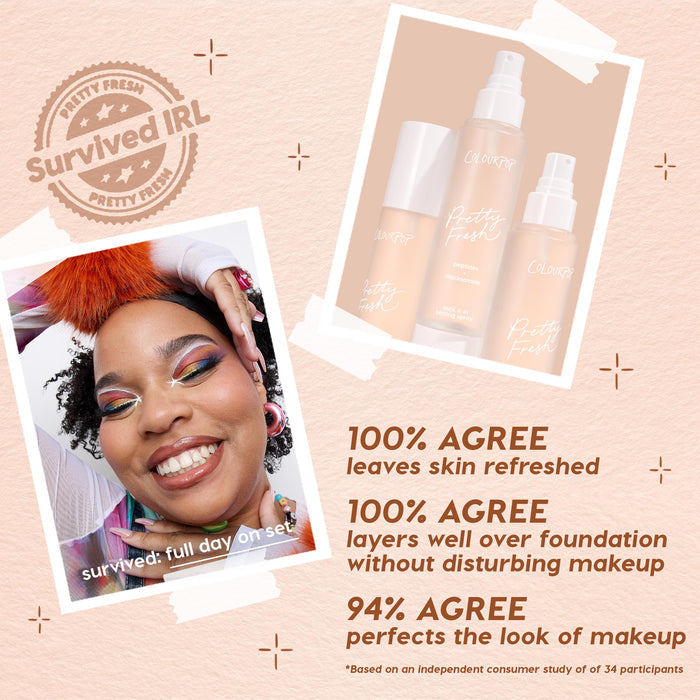 ColourPop Pretty Fresh Setting Spray Lock It In bottles standing in a trio with spray pumps beside a smiling model in bold eye makeup, on a peach backdrop with a Survived IRL badge, featuring peptides + niacinamide for all-day set and refresh.