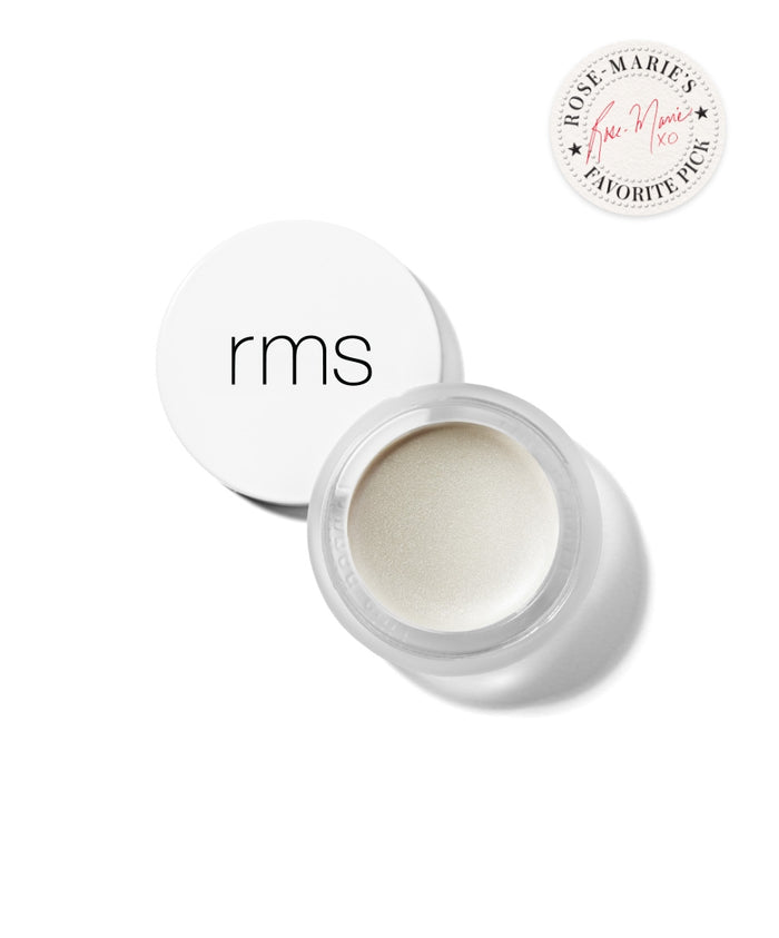 Open jar of Luminizer cream with white lid marked "rms" and a round badge highlighting it as Rose-Marie’s favorite pick, representing clean beauty and sustainable packaging.