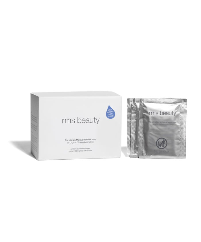Box and individual silver sachets of rms beauty Makeup Remover | Ultimate Makeup Remover Wipe, featuring clean beauty, natural ingredients, and recyclable packaging.