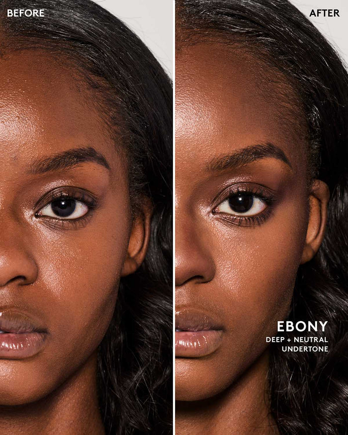Before and after image of model wearing match stix contour in shade ebony.