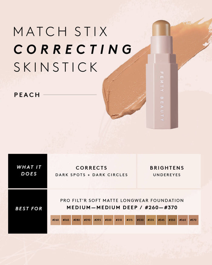 Match Stix Corrector Skinstick Infographic for shade Peach shown: What it does – corrects (darks spots and dark circles) and brightens (undereyes), and Best for – Pro Filt’r Soft Matte Longwear Foundation in shades Medium to Medium Deep (#260-#370).