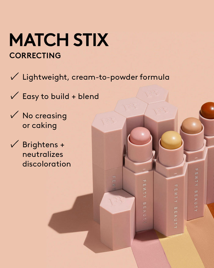 Infographic with text on the left and image of Match Stix Corrector on the right. Text reads: Lightweight, cream-to-powder formula, Easy to build + blend, No creasing or caking, Brightens + neutralizes discoloration..