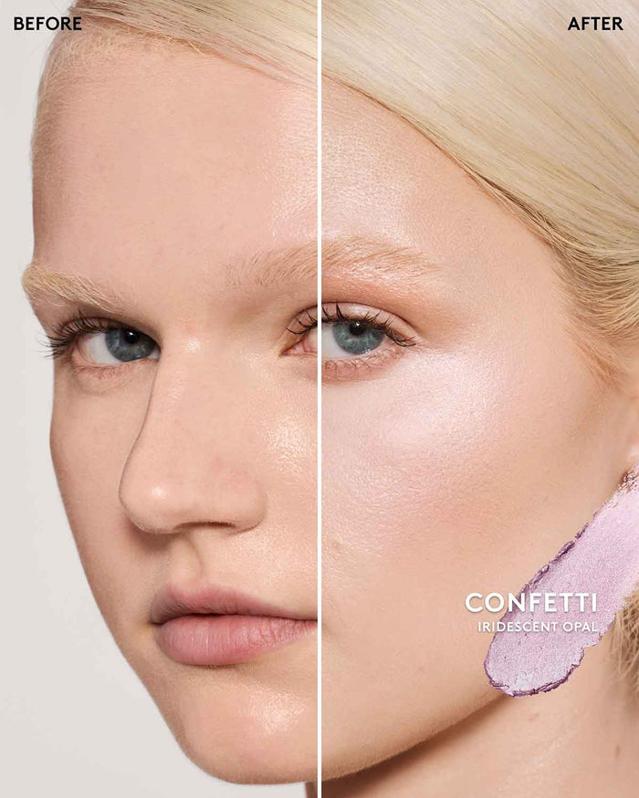 Beofre and after of model wearing match stix shimmer in shade confetti.