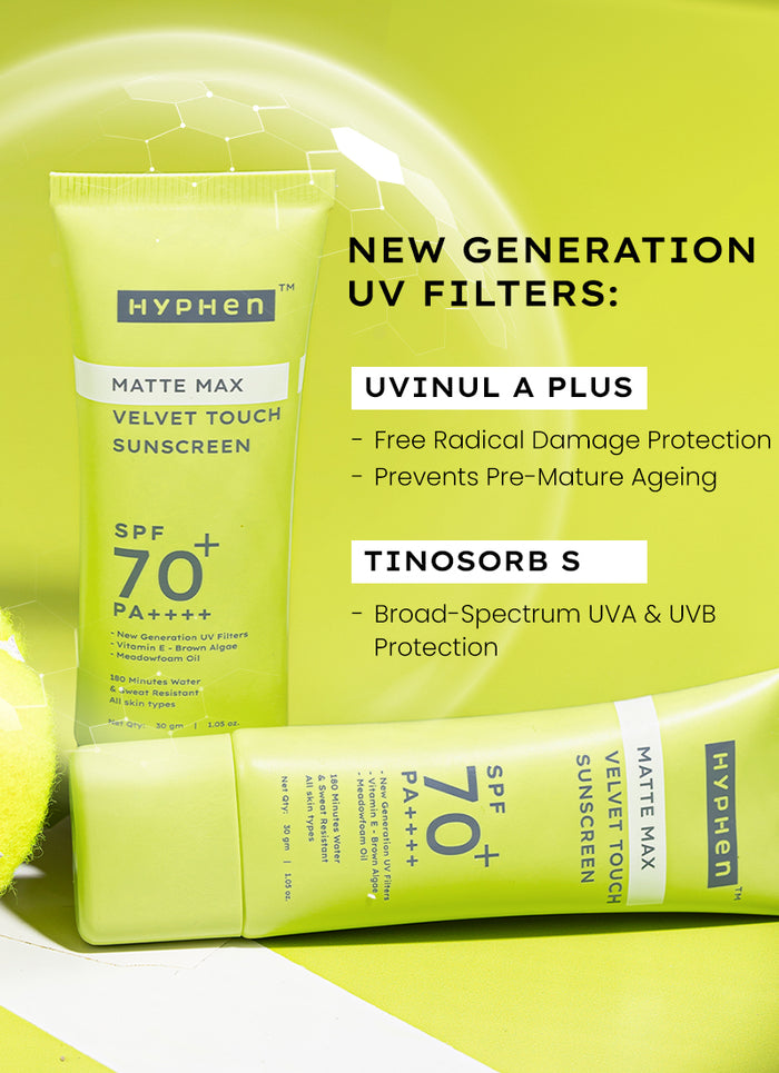 Hyphen Matte Max Velvet Touch Sunscreen SPF 70+ PA++++ - clinical results chart and benefit claims